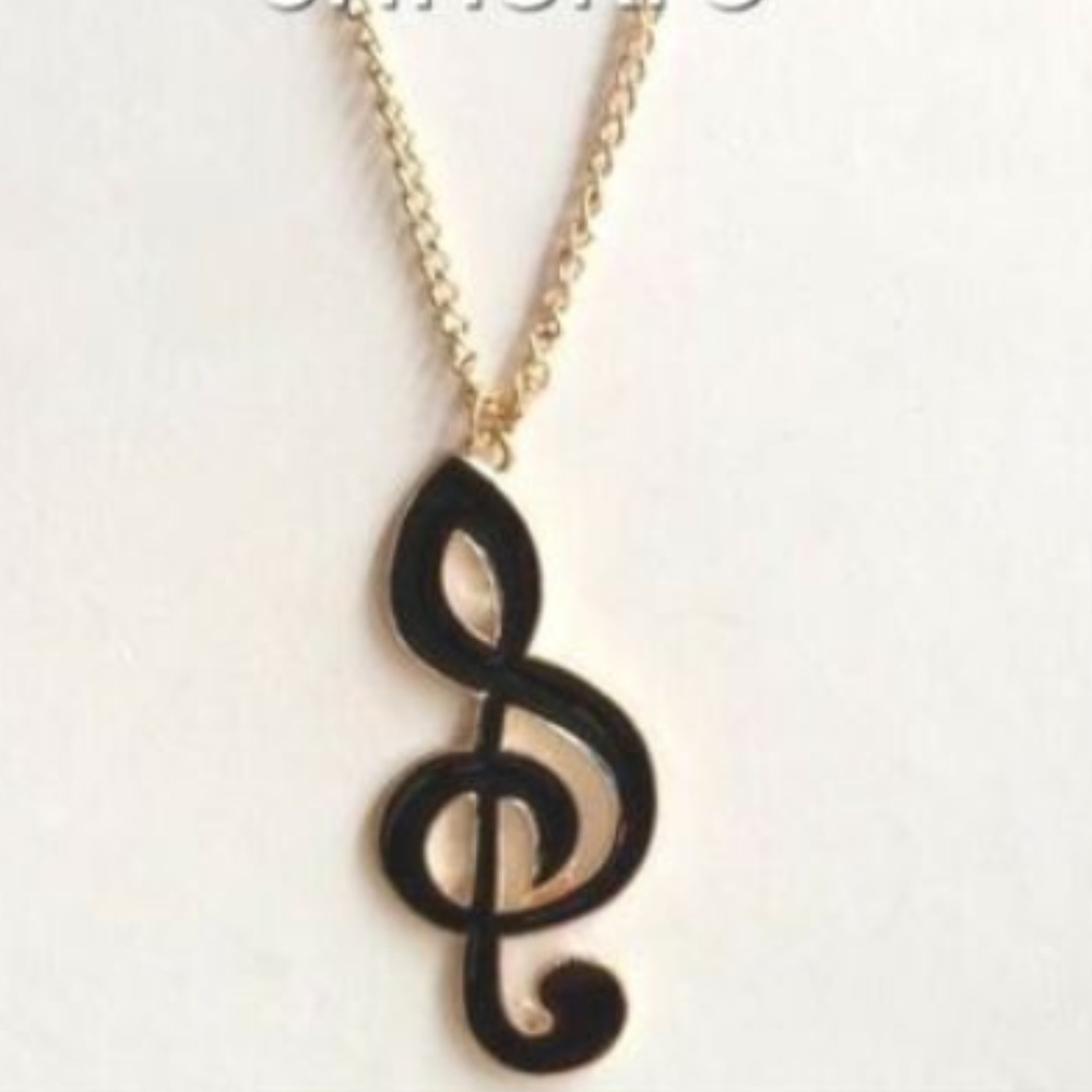 BIG Gold Music Clef Note Necklace 30" Hip Hop Black Enamel Statement Piece